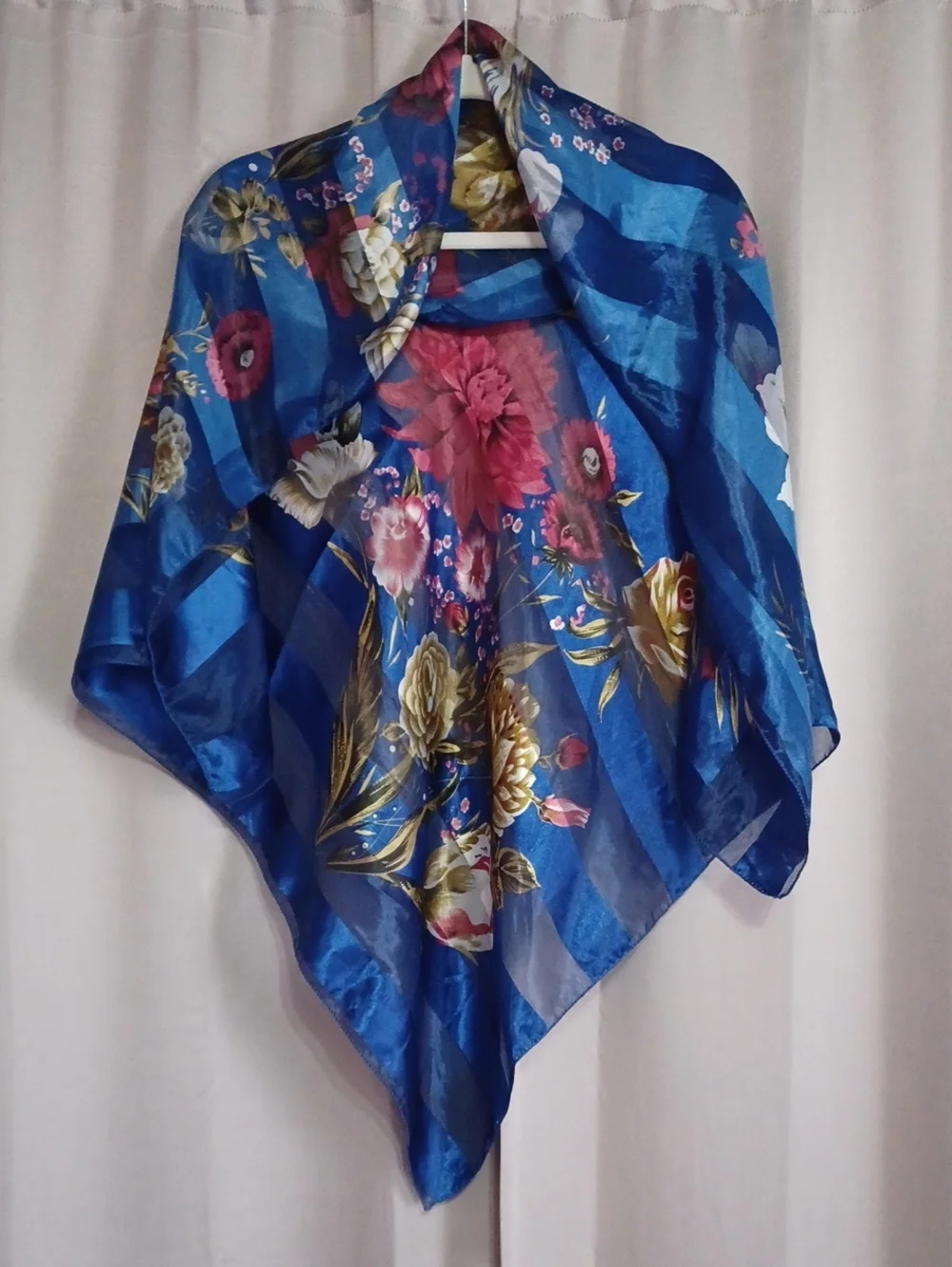 Vintage Floral Striped Square Scarf Blue Chiffon Satin 39×39 Grandma-Core